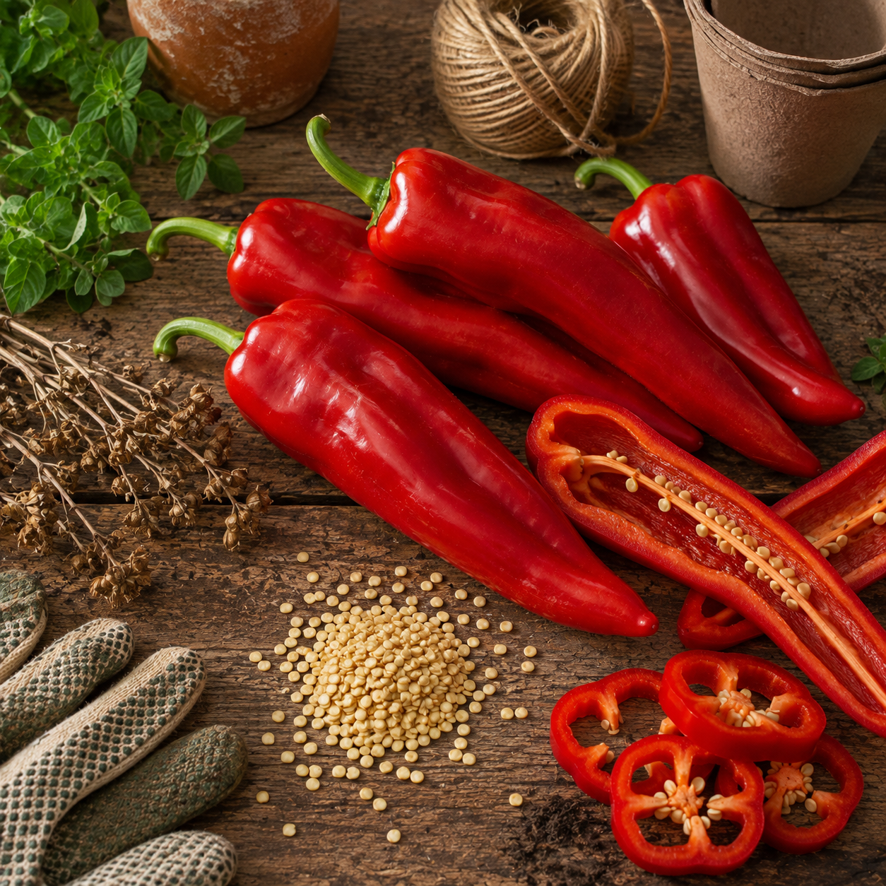 Marconi Red Pepper Seeds – Italian Sweet Red Pepper – Heirloom Frying Pepper – Non GMO 30+ seeds from Sprouts and Petals, along with classic Italian pepper seeds, dried and fresh herbs, twine, pots, and gloves are artfully arranged on a rustic wooden table, evoking a gardening or seed-saving theme inspired by beloved Italian heirloom peppers.