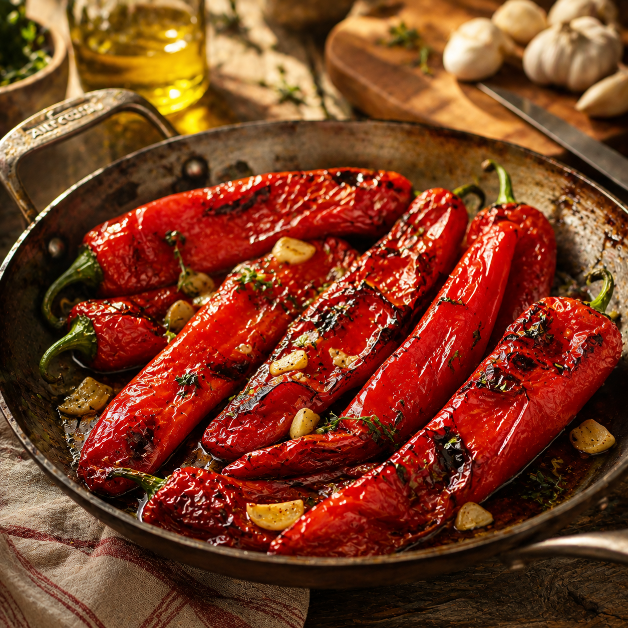 Heirloom Marconi Red peppers grown from Sprouts and Petals’ Marconi Red Pepper Seeds – Italian Sweet Red Pepper, sautéed with garlic and herbs in a rustic skillet, arranged on a wooden table alongside olive oil, fresh herbs, and whole garlic bulbs.