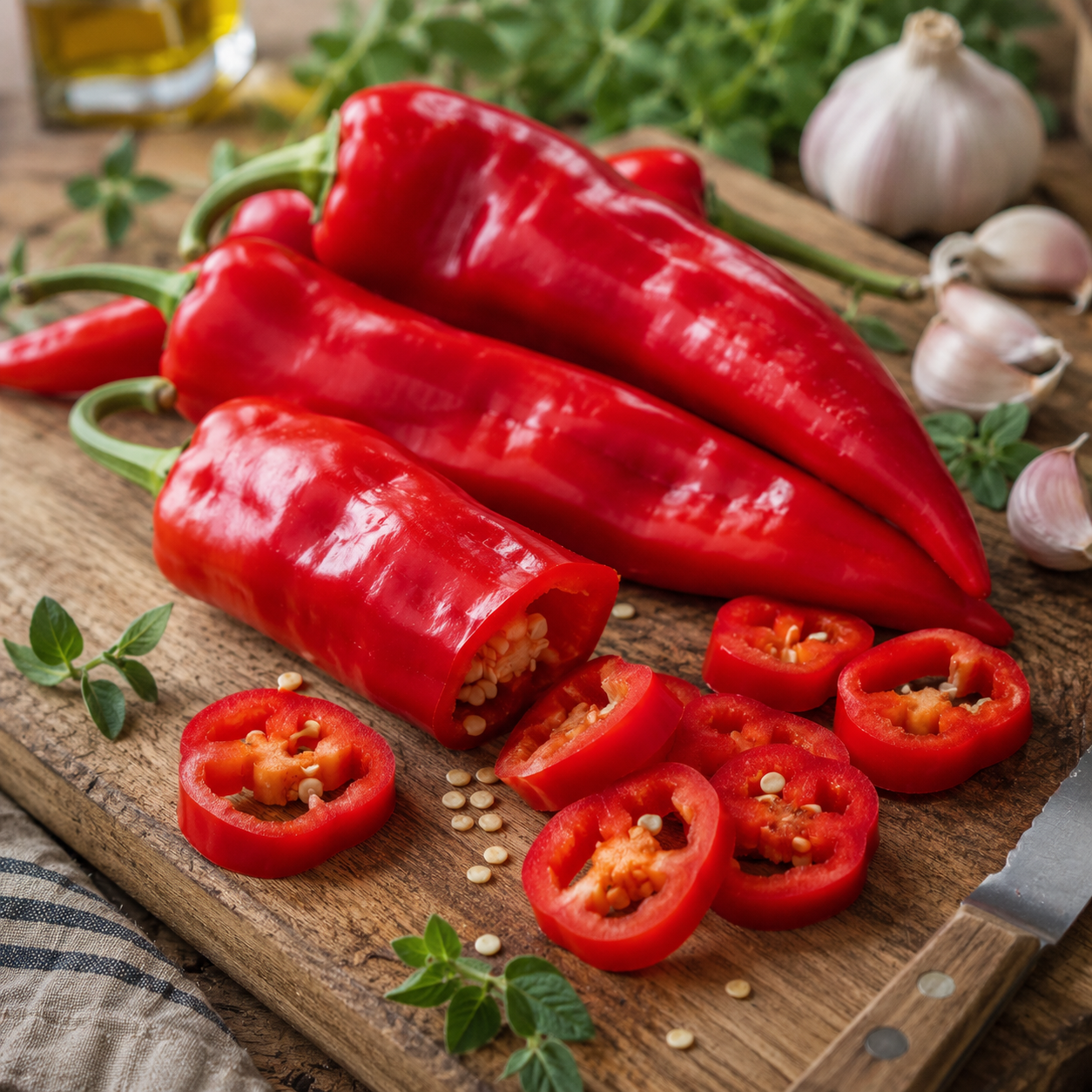 Three whole red chili peppers and one sliced Marconi Red pepper, grown from Sprouts and Petals Marconi Red Pepper Seeds – Italian Sweet Red Pepper – Heirloom Frying Pepper – Non GMO 30+ seeds, are arranged on a wooden cutting board surrounded by garlic cloves, fresh green herbs, and a knife. A scattering of pepper seeds is also visible on the board.