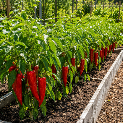 Rows of vibrant Marconi Red peppers—grown from Sprouts and Petals’ Marconi Red Pepper Seeds (Italian Sweet Red Pepper, Heirloom Frying Pepper, Non GMO)—thriving on green plants in a raised garden bed, surrounded by soil and lush greenery under bright sunlight.