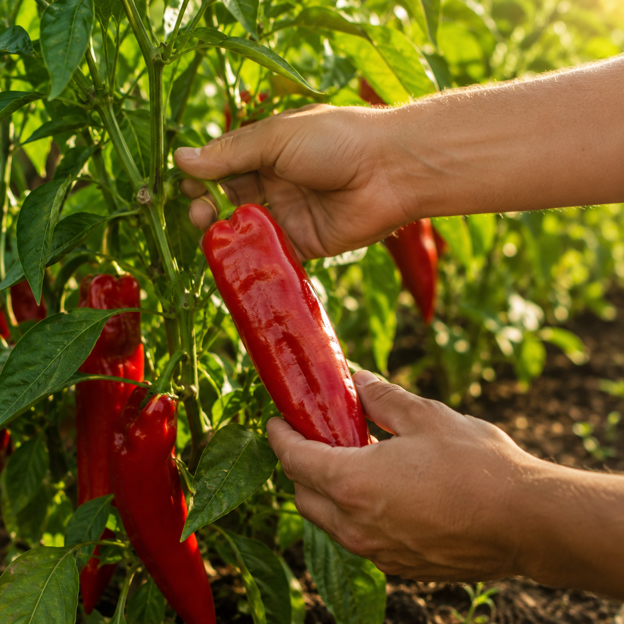 Hands harvesting a ripe Marconi Red pepper—grown from Sprouts and Petals Marconi Red Pepper Seeds (Italian Sweet Red Pepper, Heirloom Frying Pepper, Non-GMO 30+ seeds)—from a lush garden plant surrounded by green leaves and more classic Italian sweet peppers ripening in the sunlight.