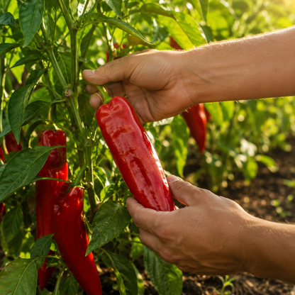 Hands harvesting a ripe Marconi Red pepper—grown from Sprouts and Petals Marconi Red Pepper Seeds (Italian Sweet Red Pepper, Heirloom Frying Pepper, Non-GMO 30+ seeds)—from a lush garden plant surrounded by green leaves and more classic Italian sweet peppers ripening in the sunlight.