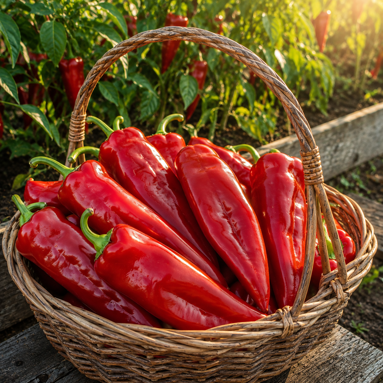 A wicker basket brimming with vibrant Marconi Red peppers—grown from Sprouts and Petals’ Marconi Red Pepper Seeds (Italian Sweet Red Pepper, Heirloom Frying Pepper, Non GMO 30+ seeds)—rests outdoors among lush green pepper plants and rustic wooden planks, bathed in warm sunlight.