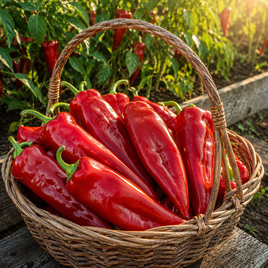 A wicker basket brimming with vibrant Marconi Red peppers—grown from Sprouts and Petals’ Marconi Red Pepper Seeds (Italian Sweet Red Pepper, Heirloom Frying Pepper, Non GMO 30+ seeds)—rests outdoors among lush green pepper plants and rustic wooden planks, bathed in warm sunlight.