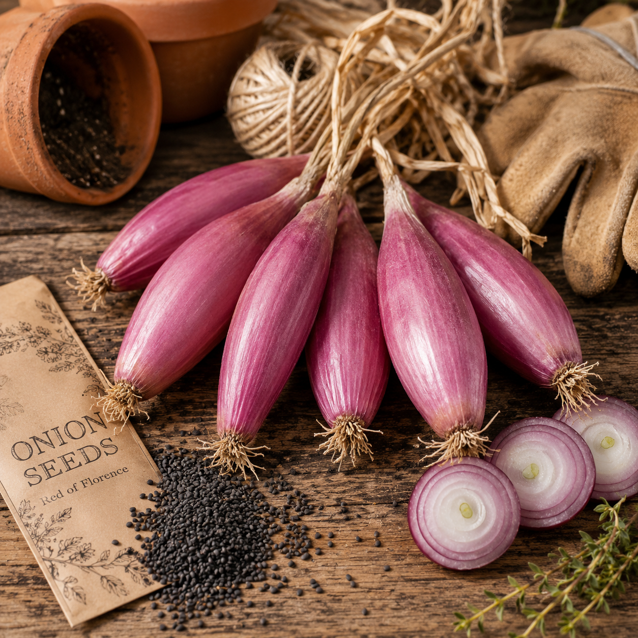 Five whole Red of Florence onions and two sliced pieces are displayed on a rustic wooden table alongside Sprouts and Petals’ Red of Florence Onion Seeds – Italian Heirloom Red Onion – Sweet Long Onion (100 seeds), with a seed packet, garden gloves, twine, and a small pot in the background.