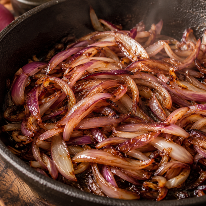 Sliced Red of Florence onions, grown from Sprouts and Petals’ Italian Heirloom Red of Florence Onion Seeds, caramelizing in a black cast-iron skillet with golden-brown edges, a glossy sheen, and fragrant steam rising as they cook.