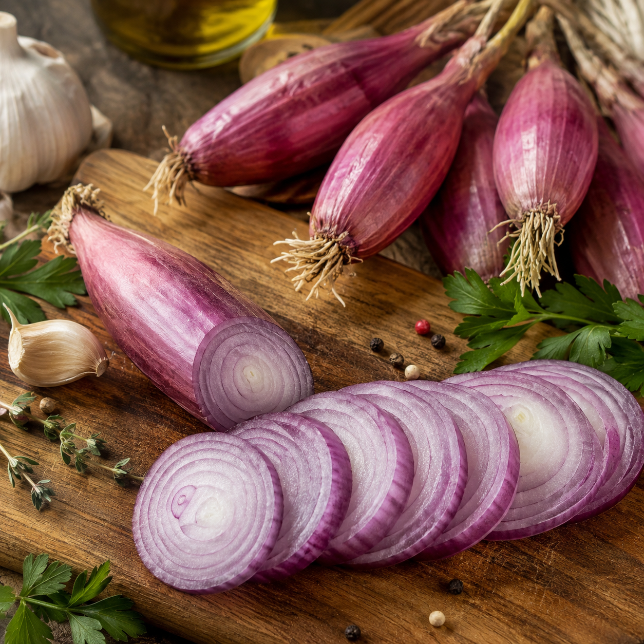 Red of Florence onions from Sprouts and Petals—an Italian heirloom sweet, long red onion—are sliced and whole atop a wooden cutting board, surrounded by garlic, parsley, fresh herbs, peppercorns, and a bottle of olive oil in the background.
