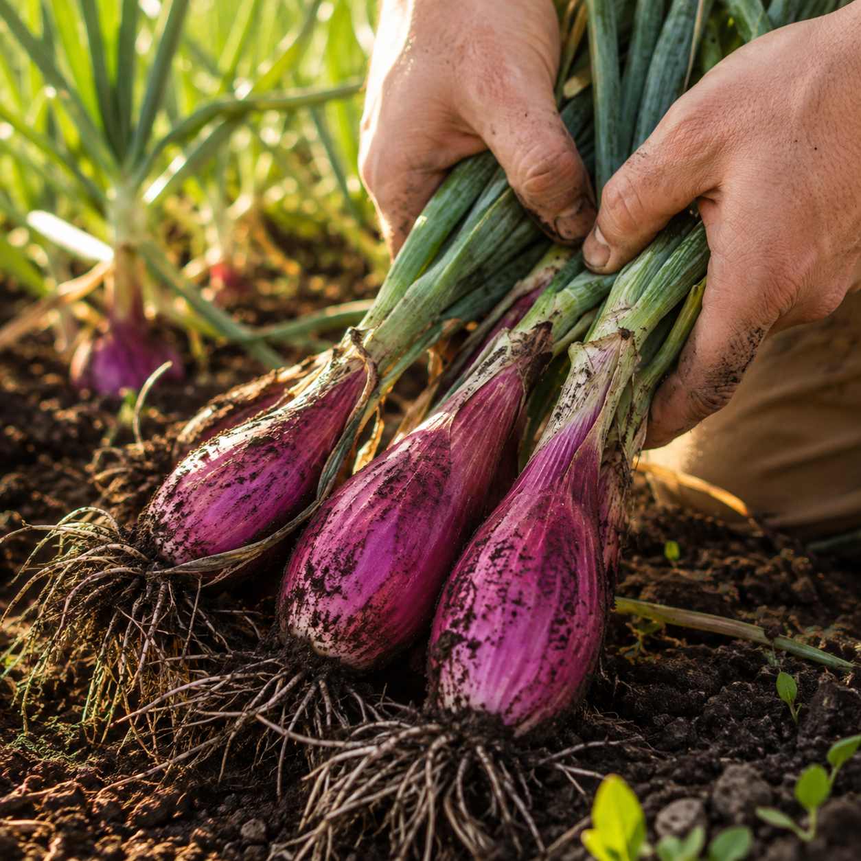 Hands harvesting three fresh Red of Florence onions grown from Sprouts and Petals Red of Florence Onion Seeds—an Italian heirloom, sweet long red onion—from soil in a sunlit garden, with vibrant green tops and dirt-covered bulbs visible. Other Italian heirloom onions and lush green plants flourish in the background.