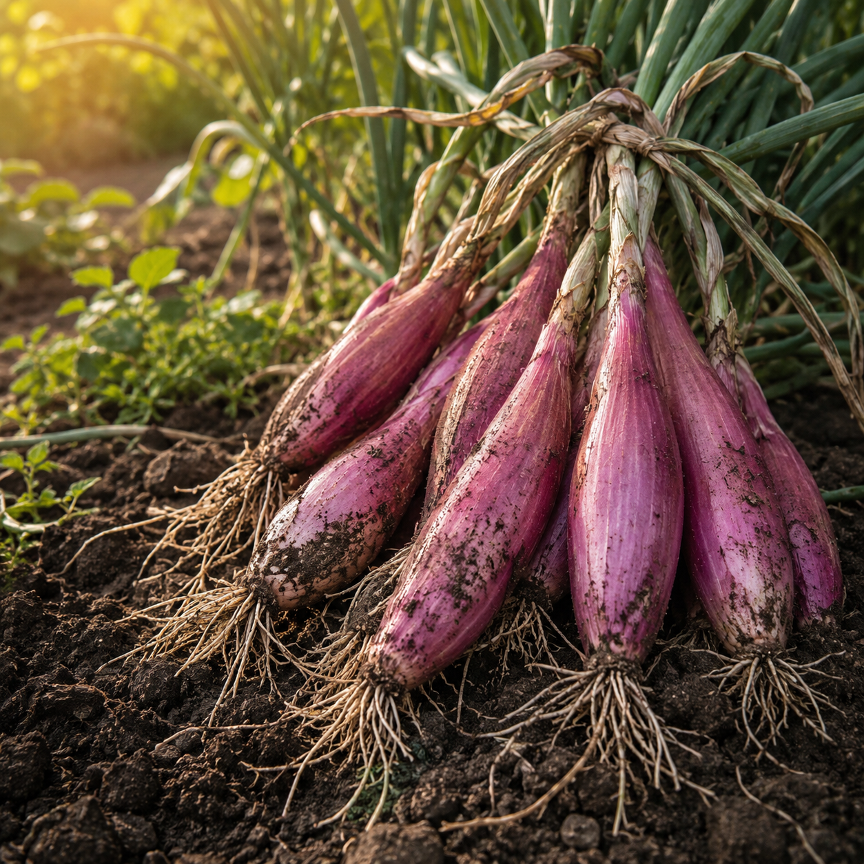 Several Red of Florence onions, grown from Sprouts and Petals’ Red of Florence Onion Seeds – Italian Heirloom Red Onion – Sweet Long Onion (100 seeds), display their pinkish-purple skins and attached roots as they rest on rich garden soil, with vibrant green foliage in the background illuminated by sunlight.