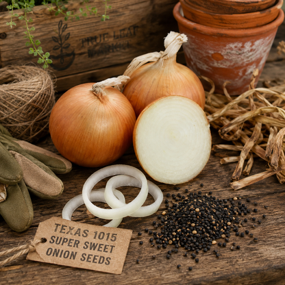 Sprouts and Petals Texas 1015 Super Sweet Onion Seeds – Short Day Onion – Giant Mild Sweet Onion (50+ seeds) are displayed as whole onions and sliced rings on a rustic wooden table, surrounded by gardening gloves, twine, seeds, and plant pots. A tag highlights these premier short day onions from Sprouts and Petals as an ideal choice for home gardeners seeking giant, mild, sweet onions.