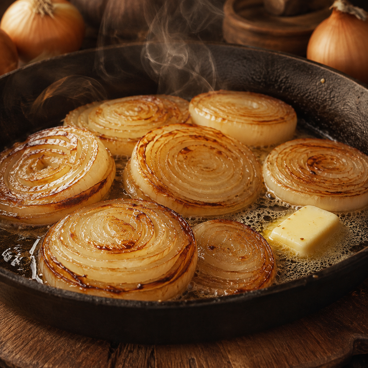 Sliced Texas 1015 Super Sweet onions, grown from Sprouts and Petals’ Texas 1015 Super Sweet Onion Seeds – Short Day Onion – Giant Mild Sweet Onion (50+ seeds), caramelizing in a cast iron skillet with a melting pat of butter, releasing steam, surrounded by whole sweet onions on a rustic wooden surface.