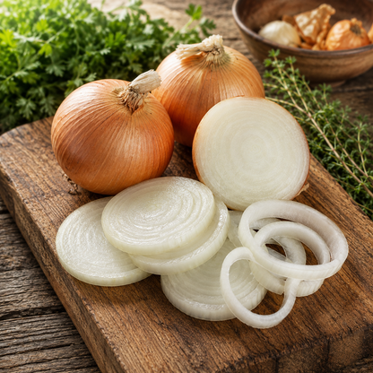Whole sweet onions and several slices of raw onion rest on a wooden cutting board, surrounded by fresh herbs and a bowl of garlic in the background. The vibrant colors evoke the renowned Texas 1015 Super Sweet Onion grown from Sprouts and Petals’ Texas 1015 Super Sweet Onion Seeds – Short Day Onion – Giant Mild Sweet Onion (50+ seeds), celebrated for its exceptionally mild flavor that’s perfect for all kinds of recipes.