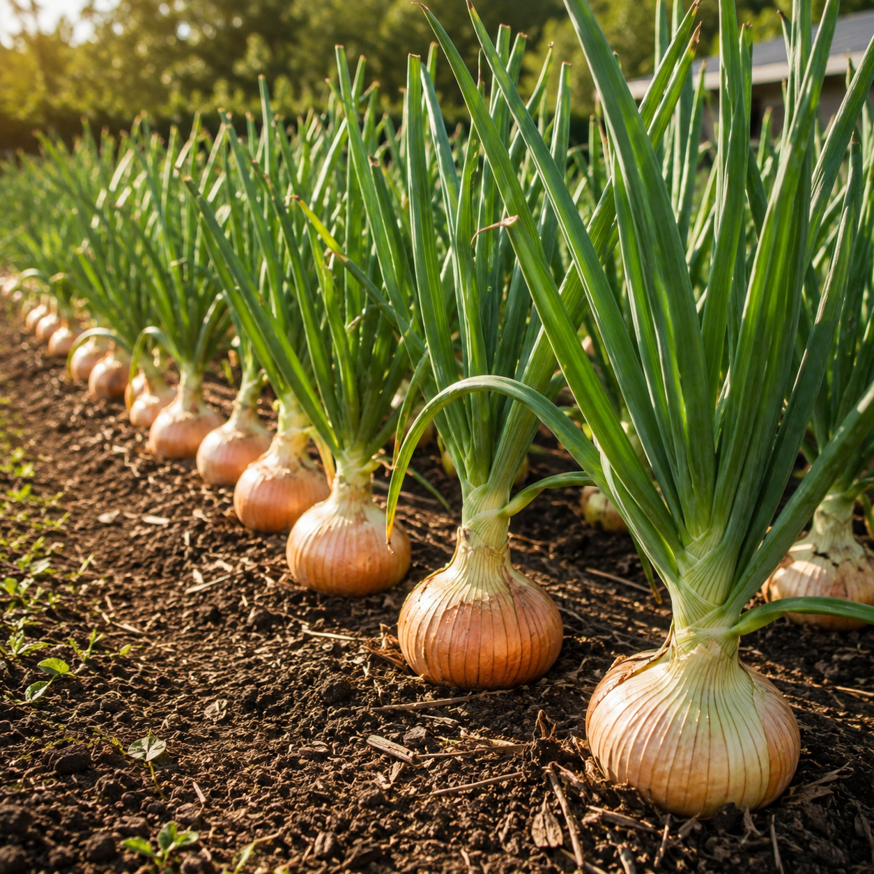 Rows of vibrant green Texas 1015 Super Sweet onions—grown from Sprouts and Petals’ Giant Mild Sweet Onion Seeds—thrive in rich, dark soil under bright sunlight in a garden or farm setting.