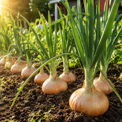 Dozens of giant, mild Texas 1015 Super Sweet Onions from Sprouts and Petals grow in neat rows in a sunlit garden, their green stems reaching skyward as sunlight filters through the leaves.