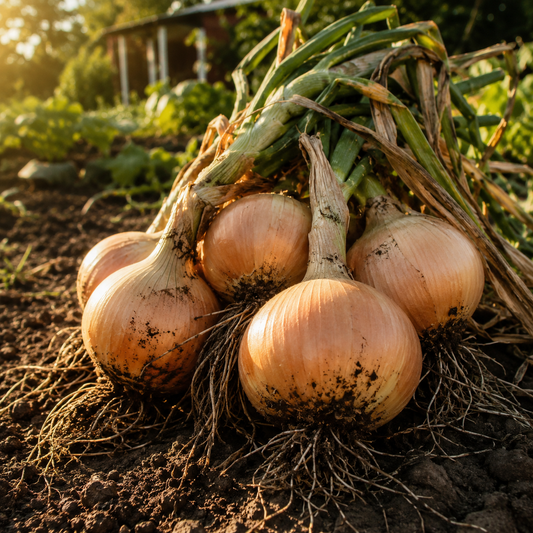 A cluster of Texas 1015 Super Sweet onions, grown from Sprouts and Petals Texas 1015 Super Sweet Onion Seeds (Short Day Onion – Giant Mild Sweet Onion, 50+ seeds), with roots and stems attached, rests on dark soil in a sunlit garden.