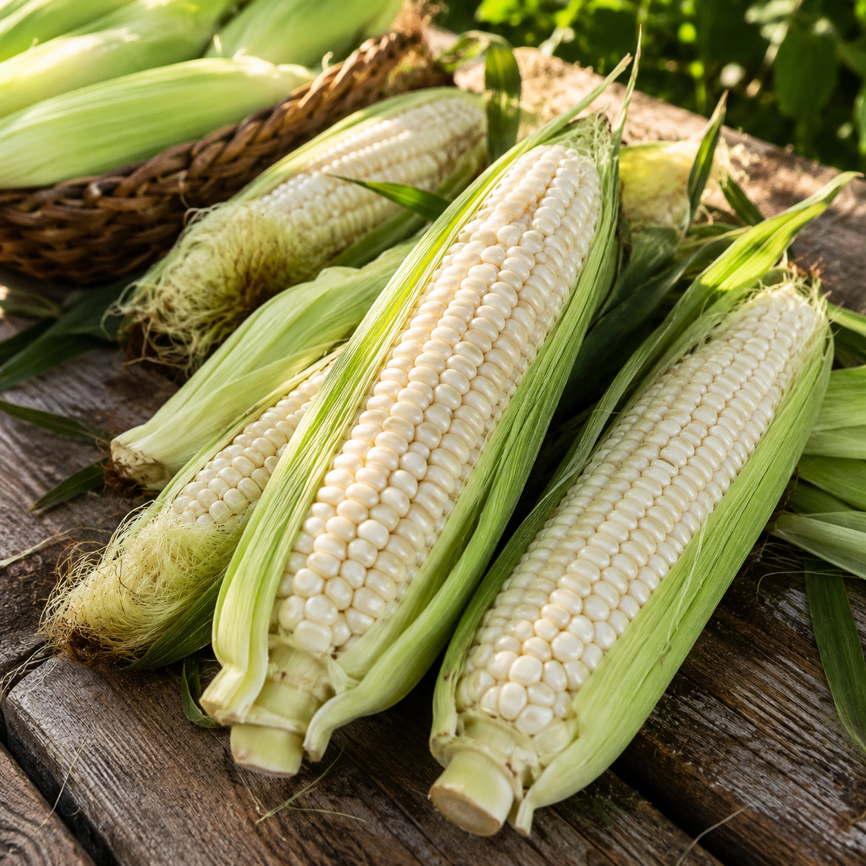 Several fresh ears of heirloom sweet corn, featuring the renowned Stowell’s Evergreen variety from Sprouts and Petals, are displayed with their husks partly pulled back on a rustic wooden surface. Additional corn and green leaves are visible in the background while sunlight accentuates the plump kernels. This scene highlights Stowell’s Evergreen Sweet Corn Seeds – Heirloom Sweet Corn (50 seeds).