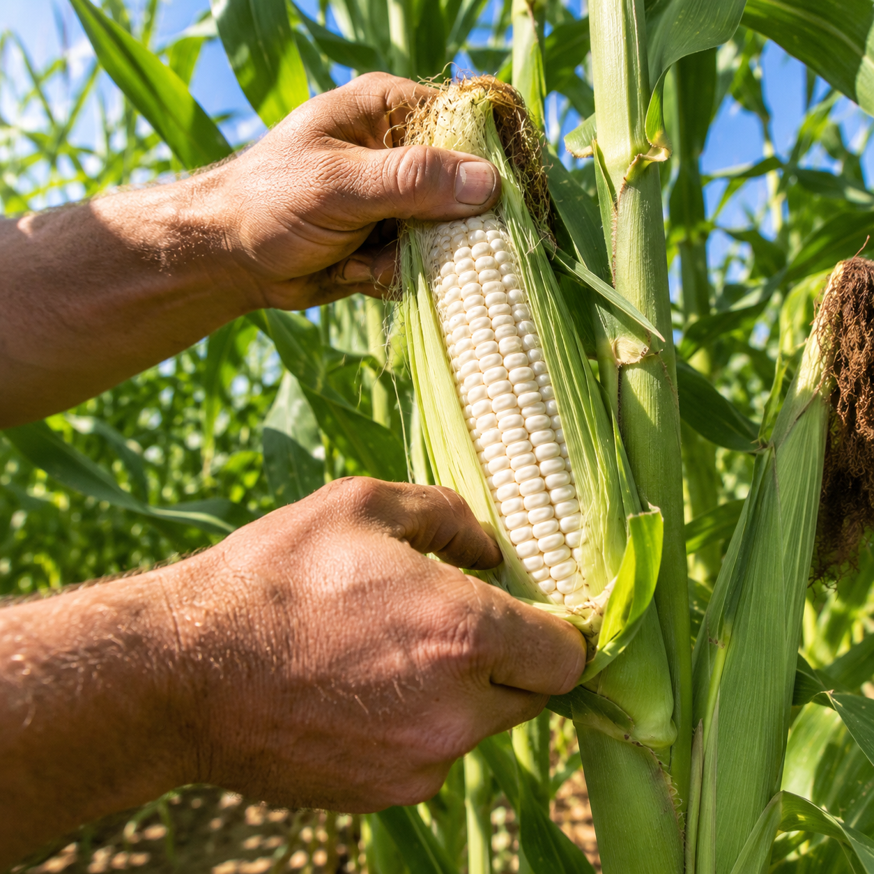 A person’s hands peel back the green husk of a Stowell’s Evergreen ear, grown from Sprouts and Petals’ Heirloom Sweet Corn Seeds, revealing perfectly aligned rows of golden kernels nurtured from their premium 50-seed pack in a sunlit cornfield.