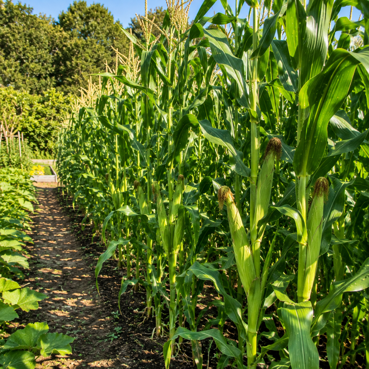 Rows of tall, green corn plants—grown from Sprouts and Petals’ Stowell’s Evergreen Sweet Corn Seeds (Heirloom Sweet Corn, 50 seeds)—stretch along a sunlit garden path, bordered by other leafy vegetables and framed by trees in the background.