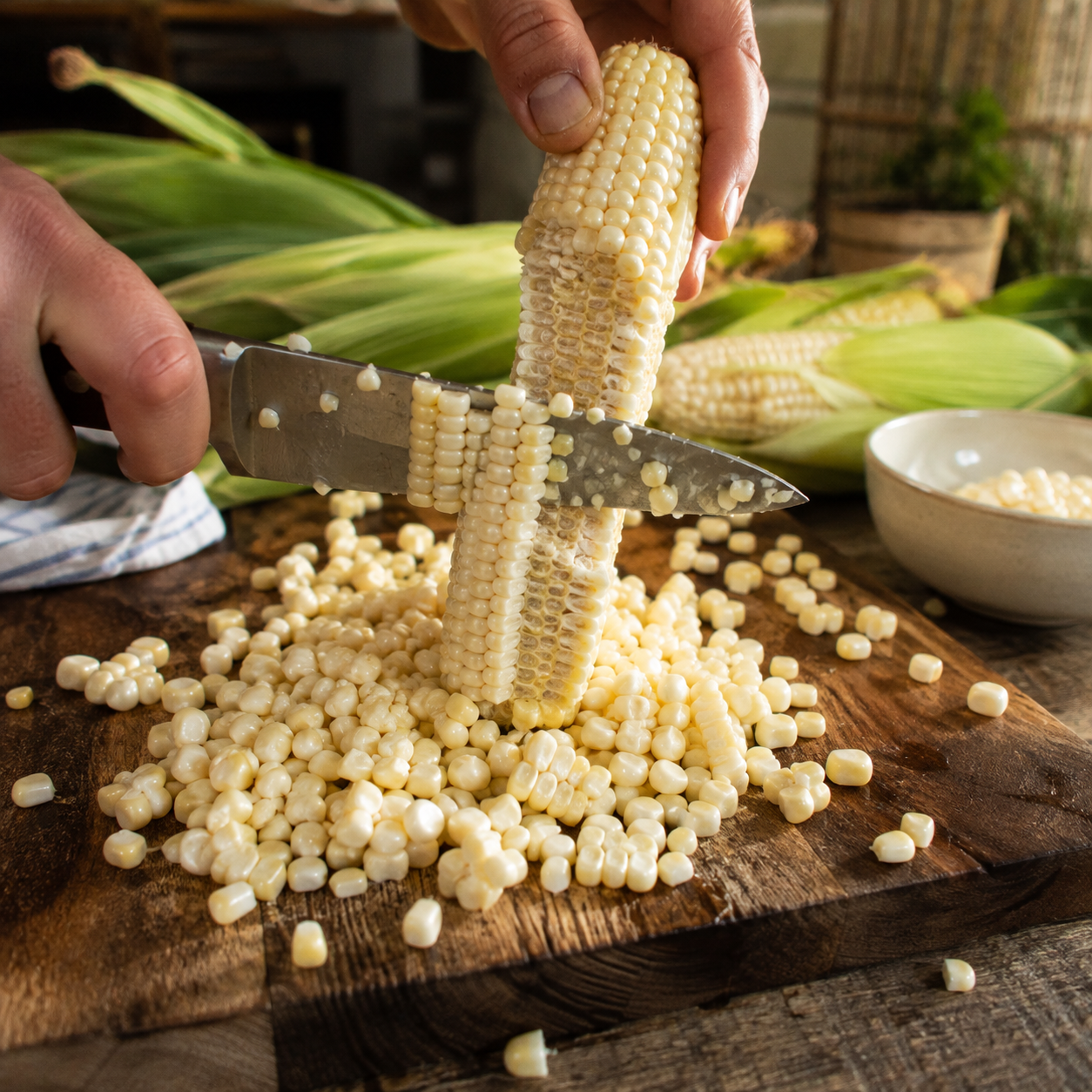 A person cuts kernels off a fresh ear of corn grown from Sprouts and Petals Stowell’s Evergreen Sweet Corn Seeds – Heirloom Sweet Corn (50 seeds) on a wooden cutting board, with corn husks and a bowl in the background.