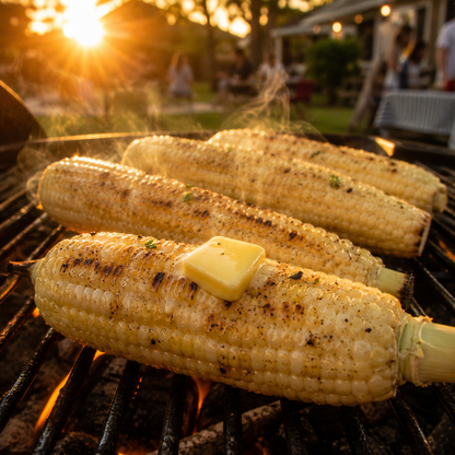 Four golden ears of heirloom sweet corn grown from Sprouts and Petals’ Stowell’s Evergreen Sweet Corn Seeds sizzle on a barbecue grill outdoors at sunset, butter melting on top, with blurred people and a house in the background.