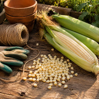 Sure! Here’s a revised version using your product data: Heirloom Stowell’s Evergreen Sweet Corn Seeds by Sprouts and Petals, along with garden gloves, twine, and clay pots, are scattered across a rustic wooden surface in an outdoor garden setting.
