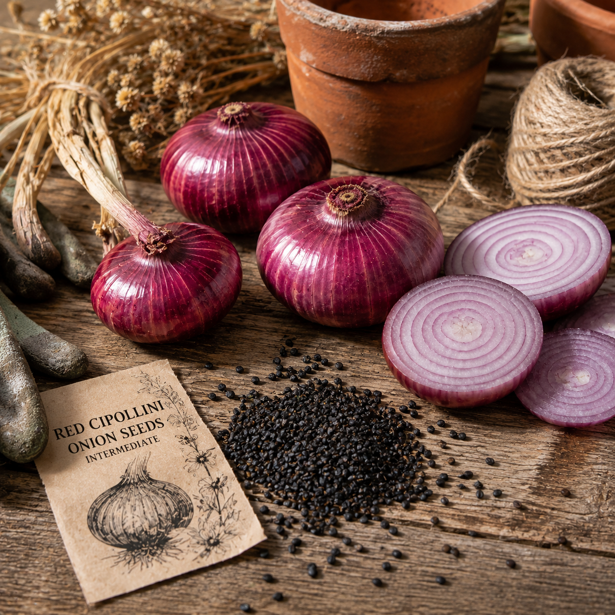 Red Cipollini onions, an Italian heirloom variety celebrated for their flat shape and sweet flavor, are displayed whole and sliced on a rustic wooden table with black seeds, a packet of Sprouts and Petals Red Cipollini Onion Seeds – Intermediate Day Onion – Flat Italian Heirloom – Sweet Red Storage Onion (100 seeds), garden tools, twine, dried flowers, and terra cotta pots in the background.