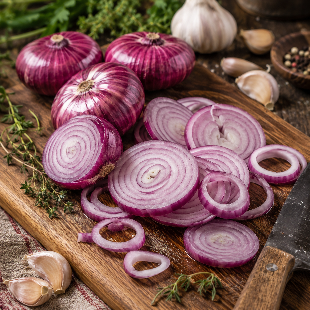 A wooden cutting board displays whole and sliced Red Cipollini onions grown from Sprouts and Petals’ Red Cipollini Onion Seeds – an Italian heirloom, sweet red storage onion. Fresh herbs, garlic cloves, a knife, peppercorns, and additional herbs add vibrant detail to the background.