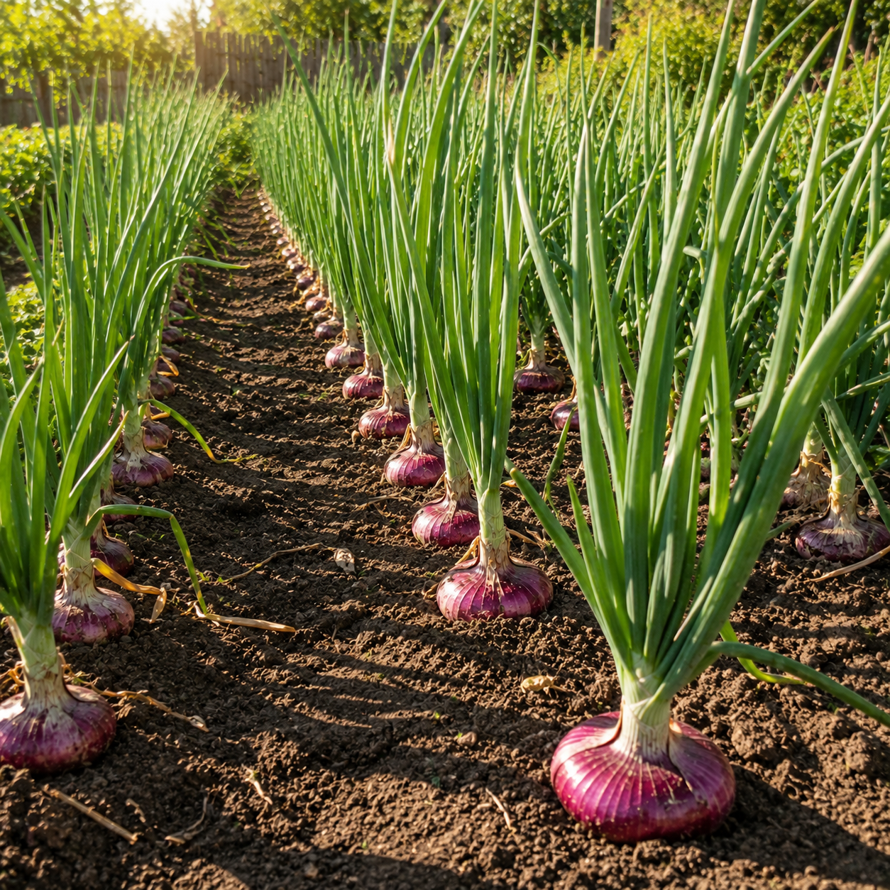 Rows of Red Cipollini Onion plants, grown from Sprouts and Petals’ Red Cipollini Onion Seeds – Intermediate Day, a flat Italian heirloom variety prized as a sweet red storage onion, thrive in rich, dark soil with vibrant green stalks standing upright under bright sunlight in a garden or farm setting.