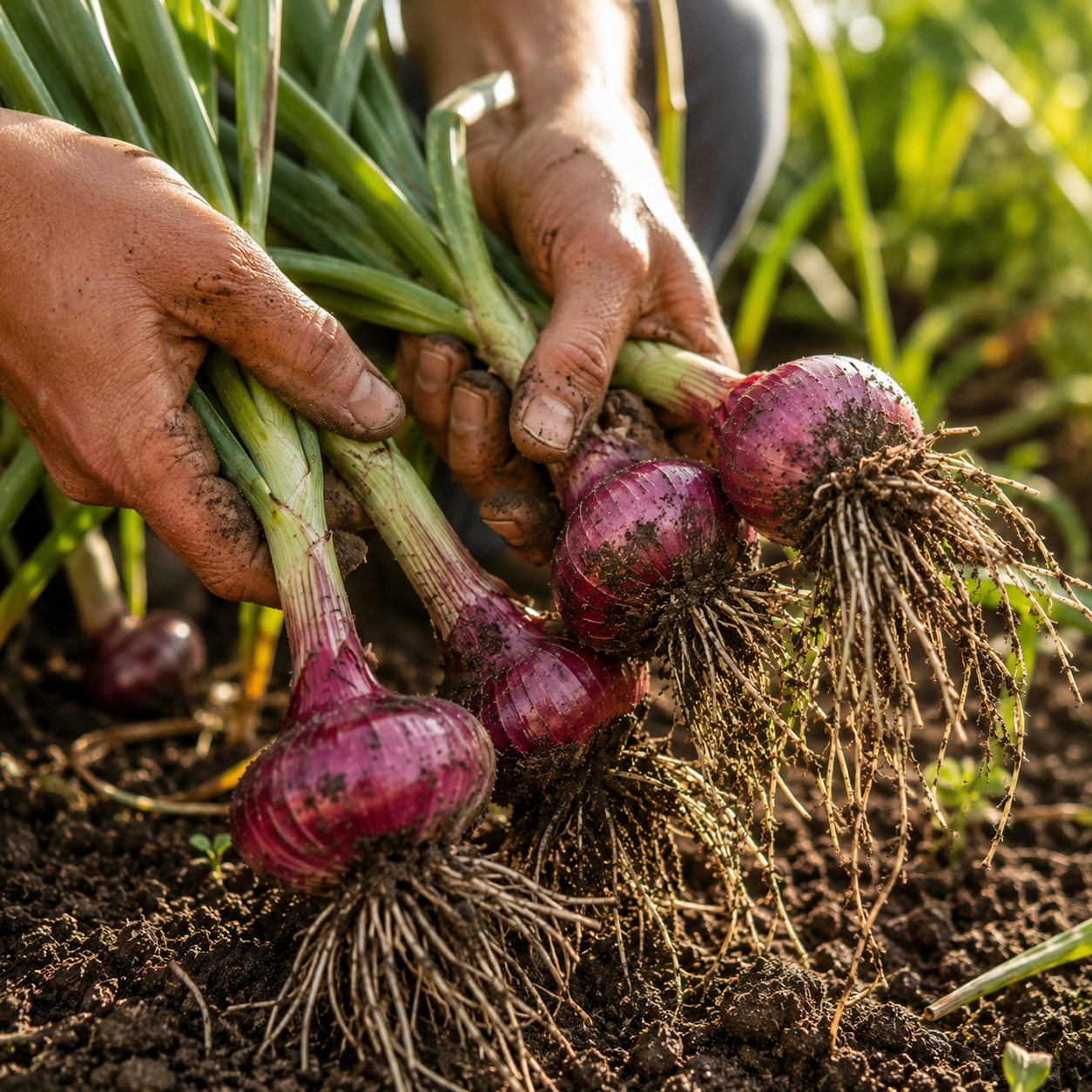 A person with soil-stained hands holds freshly harvested Red Cipollini onions—roots and green stems still attached—that were grown from Sprouts and Petals’ Red Cipollini Onion Seeds, an Italian heirloom variety prized for its sweet red bulbs.