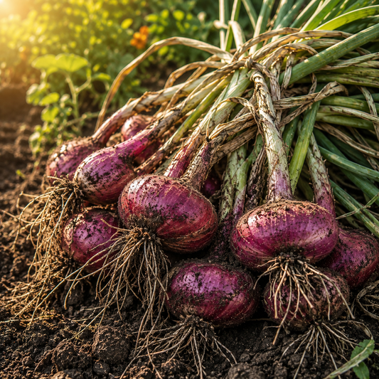 Sprouts and Petals’ Red Cipollini Onion Seeds produce flat, sweet Italian heirloom onions—an intermediate day variety perfect for storage—shown here with roots and stems intact, freshly pulled from sunlit garden soil.