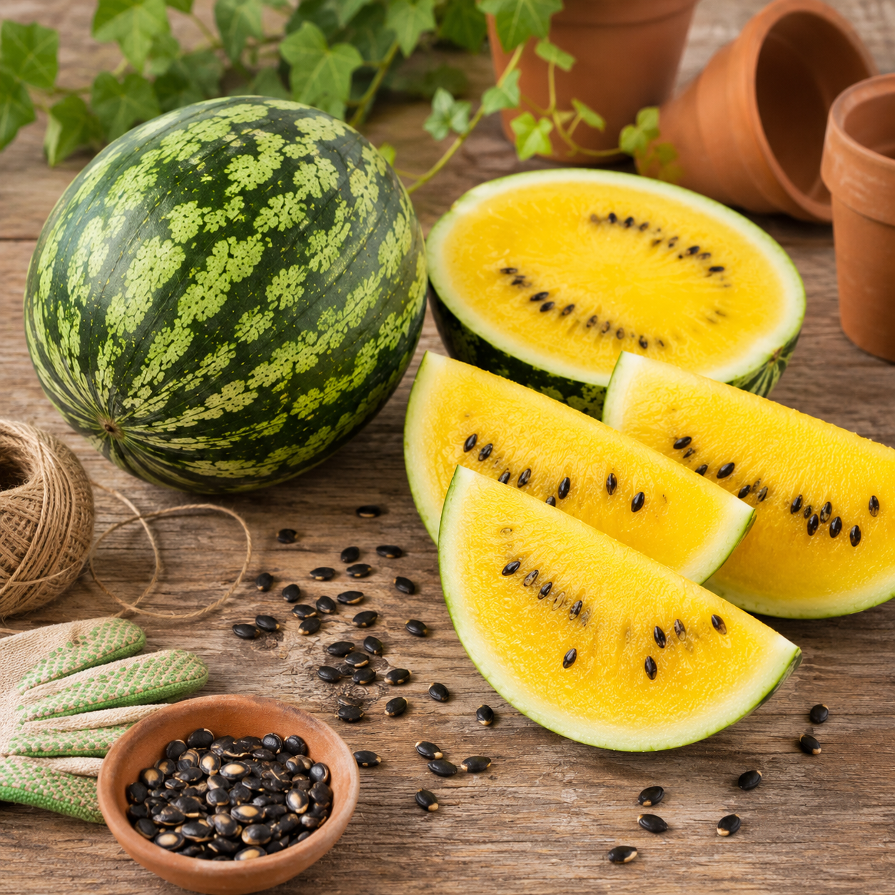 A whole and sliced Yellow Gem Sweet Watermelon, grown from Sprouts and Petals’ heirloom Yellow Gem Sweet Watermelon Seeds – Icebox Watermelon (small, sweet, yellow-fleshed melon), rests on a rustic wooden table amid gardening gloves, twine, pots, and a trailing plant vine.