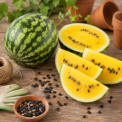A whole and sliced Yellow Gem Sweet Watermelon, grown from Sprouts and Petals’ heirloom Yellow Gem Sweet Watermelon Seeds – Icebox Watermelon (small, sweet, yellow-fleshed melon), rests on a rustic wooden table amid gardening gloves, twine, pots, and a trailing plant vine.