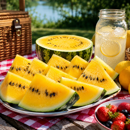 Plump slices of Sprouts and Petals Yellow Gem Sweet Watermelon, with their vibrant yellow flesh, are arranged on a plate atop a checkered picnic cloth, accompanied by strawberries, a mason jar of lemonade, and a picnic basket in the sunny outdoors—a perfect way to enjoy this heirloom icebox watermelon grown from premium seeds.