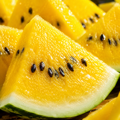 Close-up of sliced Yellow Gem Sweet watermelon pieces from Sprouts and Petals, featuring juicy golden flesh with black seeds and green rind—a vibrant texture typical of compact icebox watermelon varieties grown from heirloom yellow flesh seeds.
