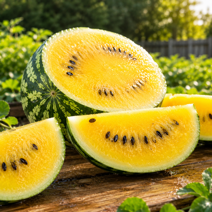 A sliced Yellow Gem Sweet Watermelon with golden flesh and black seeds from Sprouts and Petals rests on a wooden surface outdoors, bathed in sunlight and surrounded by greenery.