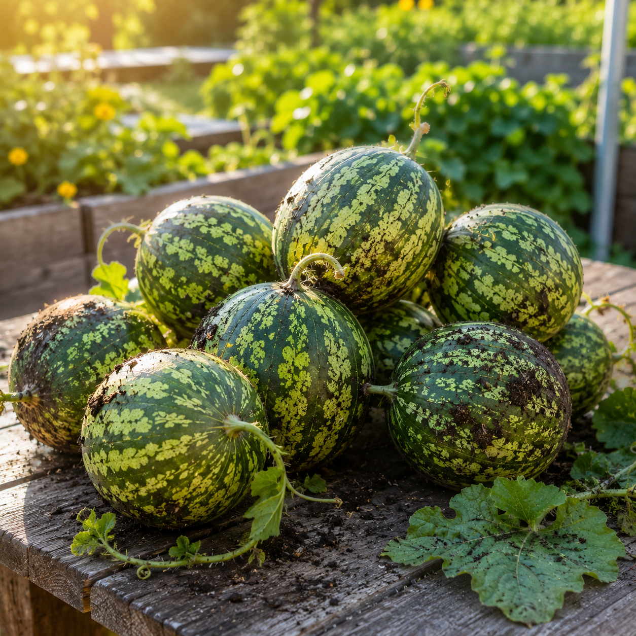 A heap of Sprouts and Petals Yellow Gem Sweet Watermelons—compact icebox melons with green striped rinds and heirloom yellow flesh—rests on a wooden table outdoors, surrounded by lush leaves and sunlit garden plants.