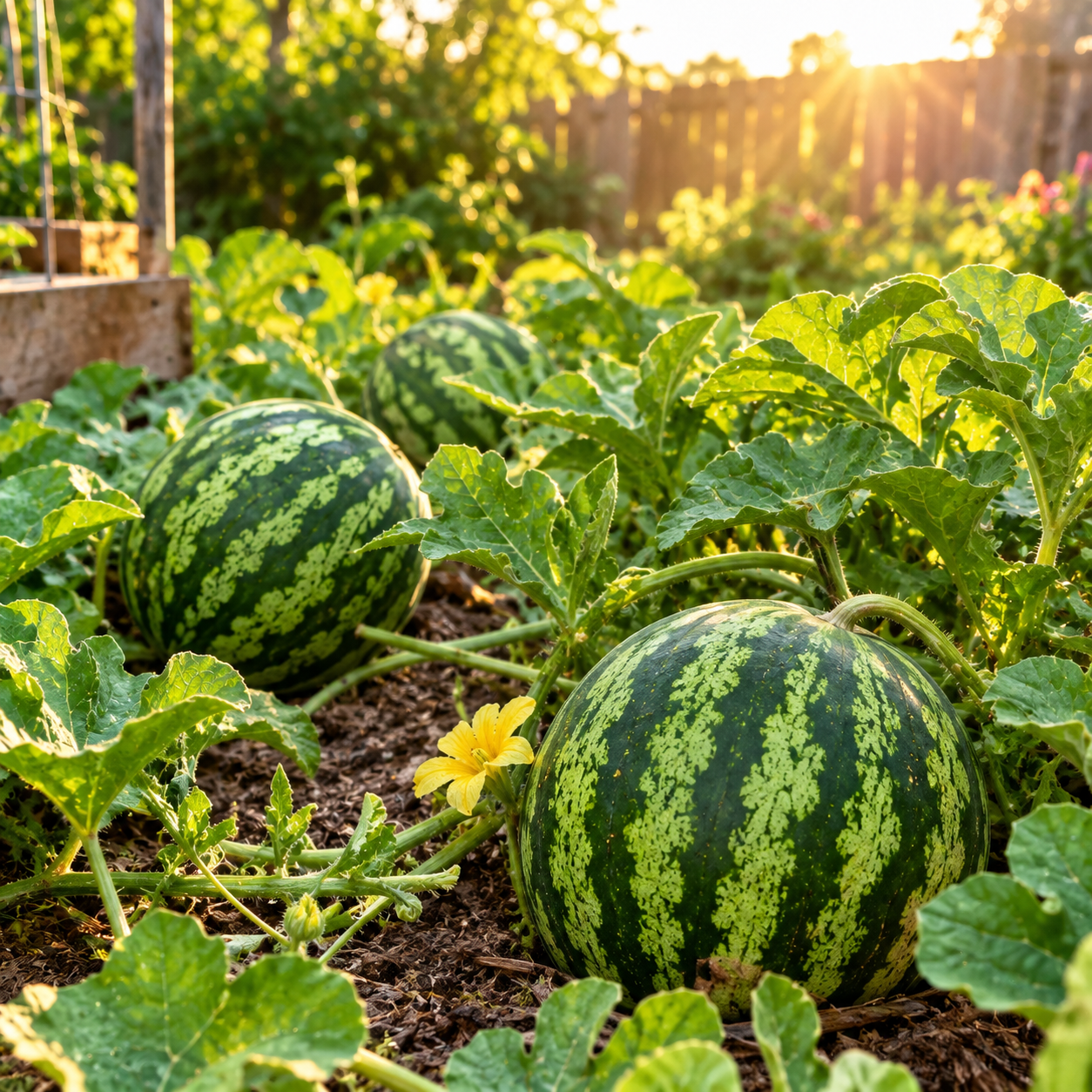 In a sunlit garden, vibrant vines of Sprouts and Petals Yellow Gem Sweet Watermelon—an heirloom icebox variety with golden-yellow flesh—thrive among lush green leaves and cheerful yellow flowers, as sunlight filters through a wooden fence in the background.