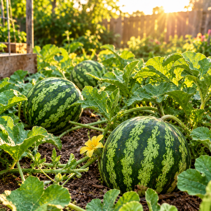 In a sunlit garden, vibrant vines of Sprouts and Petals Yellow Gem Sweet Watermelon—an heirloom icebox variety with golden-yellow flesh—thrive among lush green leaves and cheerful yellow flowers, as sunlight filters through a wooden fence in the background.