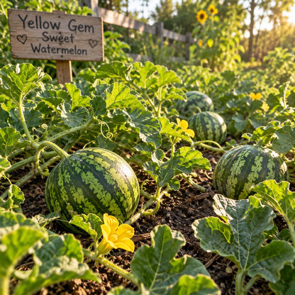 Golden-flesh watermelons flourish among leafy vines in a sunlit garden, with a wooden sign displaying “Yellow Gem Sweet Watermelon Seeds – Icebox Watermelon – Small Sweet Melon – Heirloom Yellow Flesh 10 seeds” by Sprouts and Petals. Bright yellow blooms and a sunflower add color to the background.