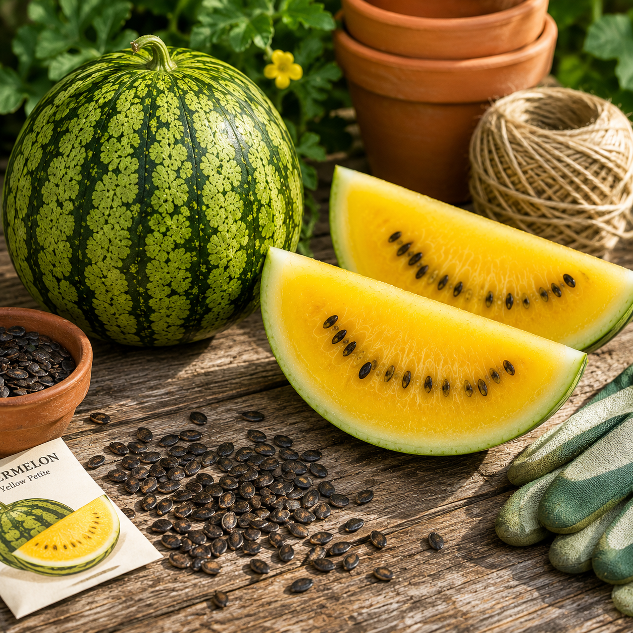 On a rustic wooden surface adorned with lush green plants in the background, a whole Yellow Petite watermelon, two vibrant yellow slices, seeds, a Sprouts and Petals seed packet labeled “Yellow Petite Watermelon Seeds – Icebox Watermelon – Small Sweet Yellow Melon 10+ seeds,” gardening tools, twine, and terracotta pots are artfully arranged—offering perfect inspiration for anyone eager to grow their own garden-fresh petite watermelons.