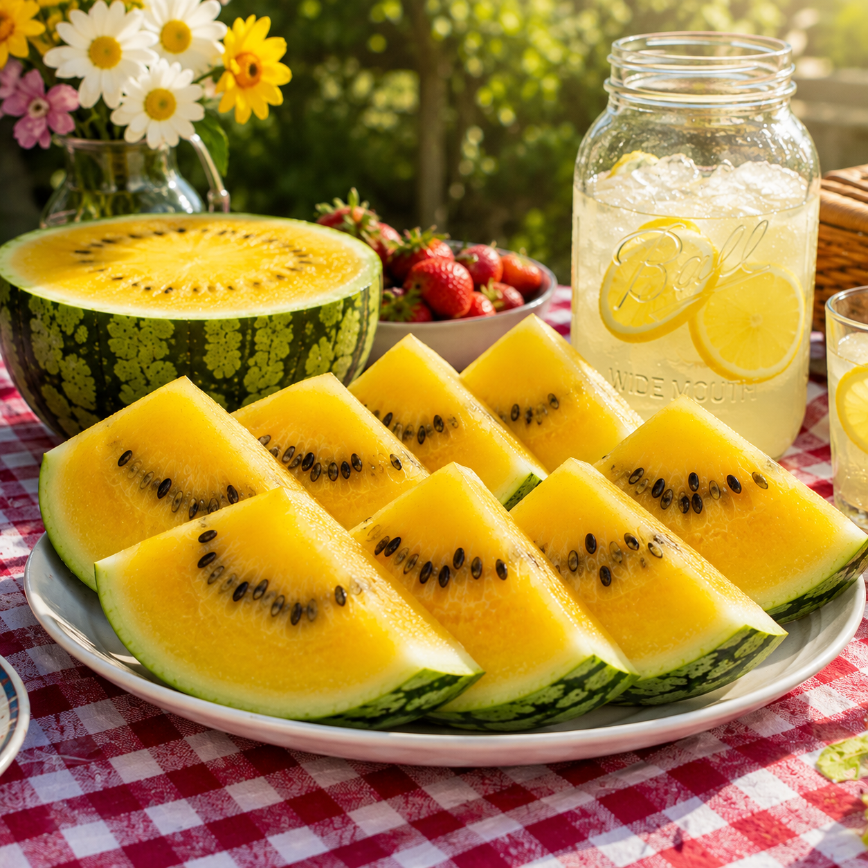 A plate of vibrant yellow watermelon slices—freshly cut from a Sprouts and Petals Yellow Petite Watermelon grown from Yellow Petite Watermelon Seeds (10+ Icebox Watermelon seeds)—rests on a checkered picnic table. Nearby are a jar of lemonade, a vase of flowers, strawberries, and a halved small garden watermelon, all bathed in warm sunlight.