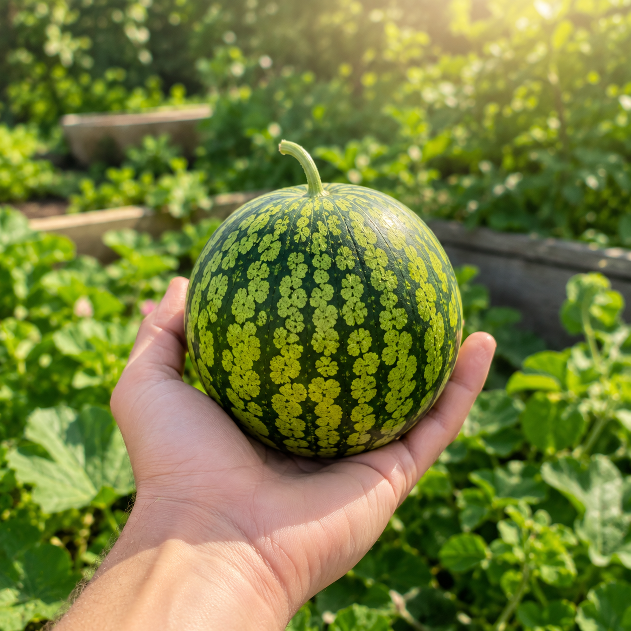 A hand holds a Yellow Petite Watermelon grown from Sprouts and Petals seeds, showcasing its small size and striped green pattern, with garden plants in the sunny background.