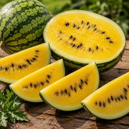 A sliced Yellow Petite Watermelon from Sprouts and Petals displays its sweet yellow flesh and signature black seeds on a wooden surface, with a whole Icebox Watermelon and fresh green foliage in the background.