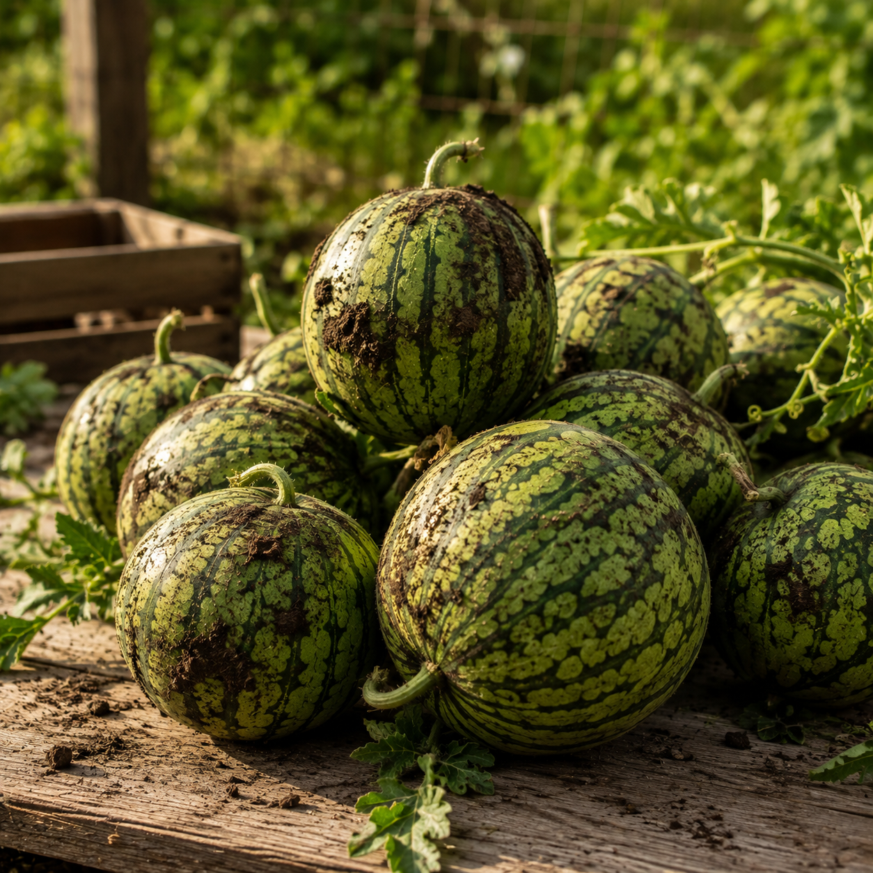 A pile of freshly harvested Sprouts and Petals Yellow Petite Watermelons, with green and dark stripes, rests on a wooden surface outdoors—some still dusted with soil—while leafy vines and a crate can be seen in the background. These icebox watermelons are small, sweet yellow melons grown from 10+ premium seeds.