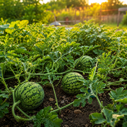 Four Yellow Petite icebox watermelons, grown from Sprouts and Petals seeds, flourish on the vine in a garden—surrounded by green leaves and soil, with sunlight shining in the background.