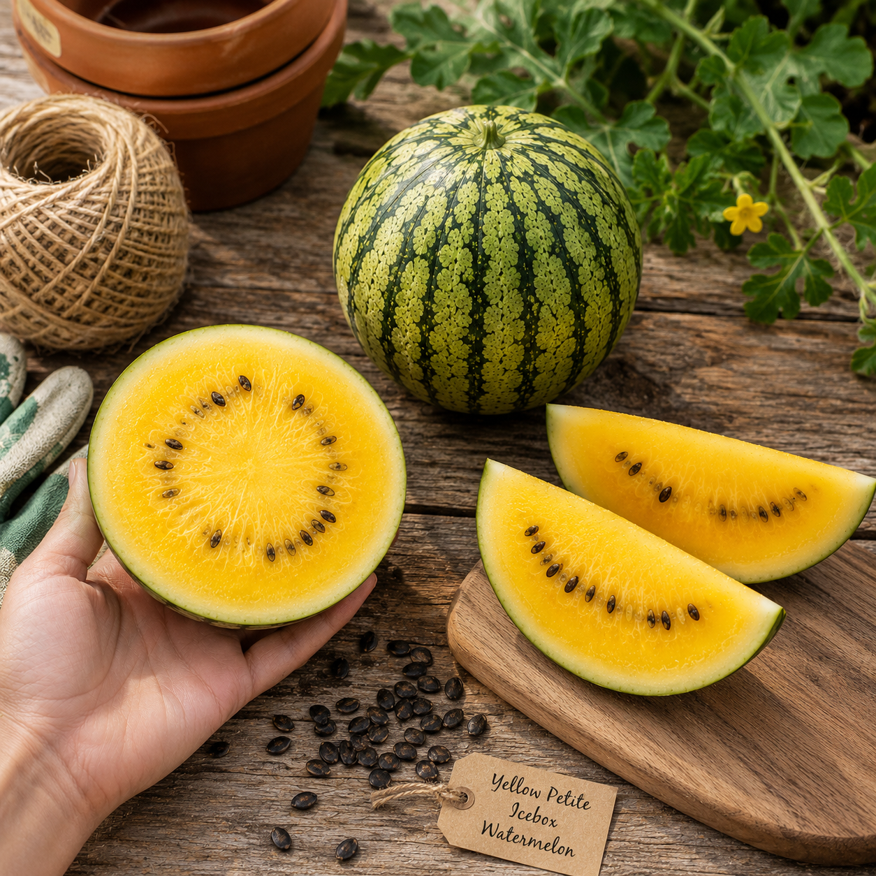 A hand holds a halved yellow watermelon next to slices, seeds, and a whole melon on a wooden table with garden twine, pots, and a plant. A label displays Sprouts and Petals Yellow Petite Watermelon Seeds – Icebox Watermelon – Small Sweet Yellow Melon (10+ seeds), featuring this compact yellow melon as the ideal summertime sweet treat for your garden.