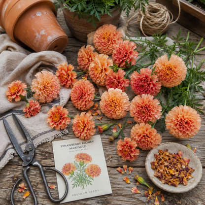 Strawberry Blonde Marigold Seeds – Unique Pink Apricot Blooms – Heirloom French Marigolds 10+ seeds