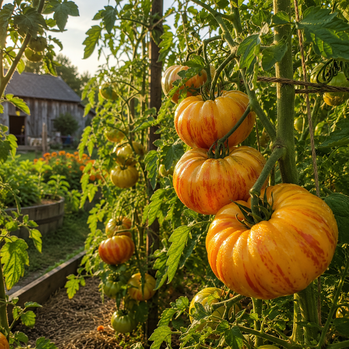Sprouts and Petals Pineapple Tomato Seeds – Giant Heirloom Beefsteak produce bright yellow and red striped tomatoes that grow abundantly on vigorous vines in a sunny garden, surrounded by lush green leaves and with a wooden shed in the background.