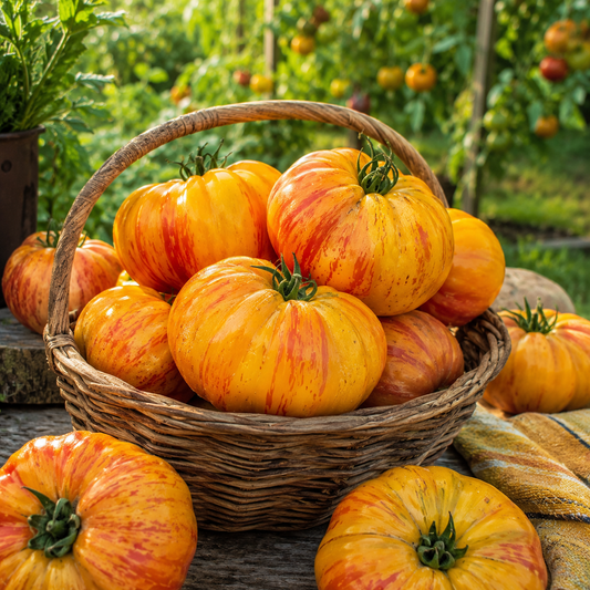 A rustic outdoor table displays a wicker basket brimming with vibrant, orange and yellow striped Pineapple Tomatoes grown from Sprouts and Petals’ Pineapple Tomato Seeds – Giant Heirloom Beefsteak. The scene is surrounded by more high-yield, sweet low-acid tomatoes and lush greenery, all showcasing this garden favorite variety.
