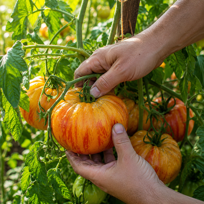 Hands are gently harvesting a giant Pineapple Tomato grown from *Sprouts and Petals Pineapple Tomato Seeds – Giant Heirloom Beefsteak*—a sweet, low-acid yellow-red variety—amidst a sunlit garden. The vibrant, orange-striped fruit stands out among several similar high-yield heirloom beefsteak tomatoes hanging from the vines, all surrounded by lush green foliage.